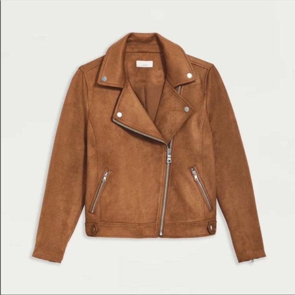 LOFT Faux Suede Moto Jacket in Brown Size Petite Medium NEW - Picture 2 of 4